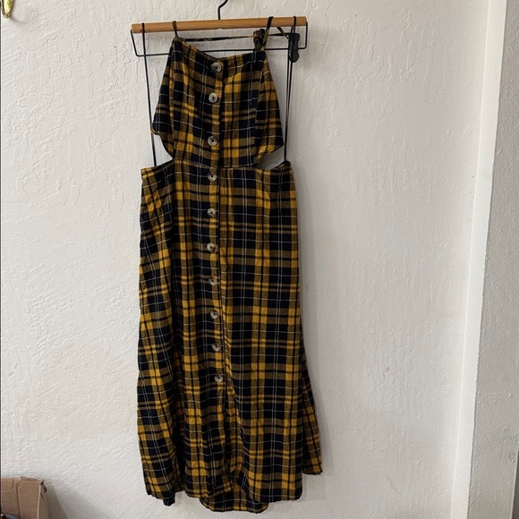 Urban Outfitters Yellow Black Plaid Button Open Back & Sides Midi Dress Size XL - Picture 4 of 7